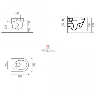 GSI Kube X Swirlflush® pakabinamas klozetas su plonu lėtaeigiu dangčiu, be apvadų 50cm 1