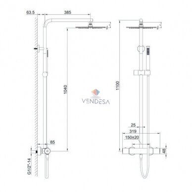 Termostatinė dušo sistema, stacionari dušo galva d250mm RIO Gun Metal 1