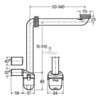 Viega sifonas praustuvui Dn40/32x11/4" su kvapų gaudykle, taupantis vietą 1